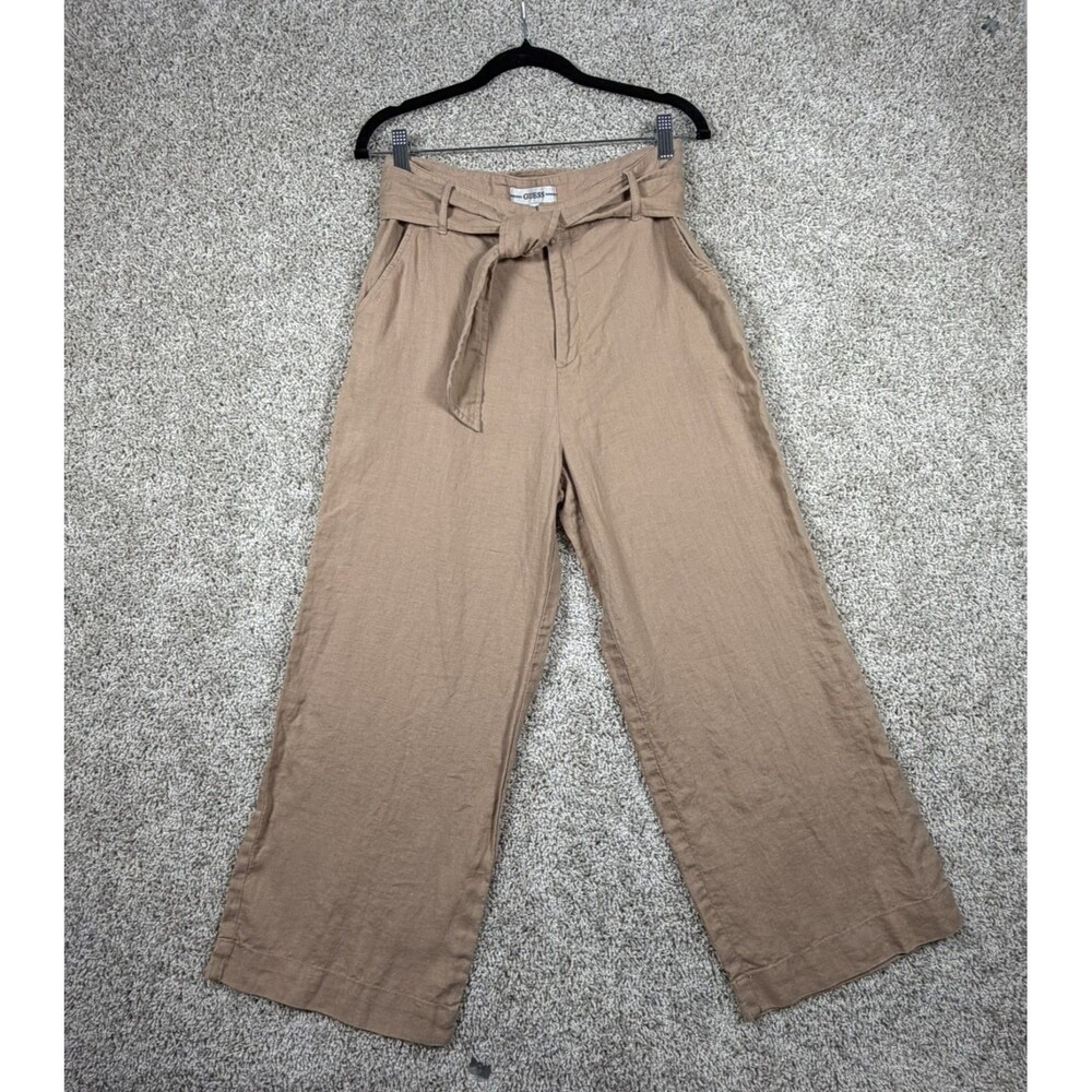 GUESS Womens Linen Wide Leg Pants Size Small Beige Paperbag Waist Tie Belt Casua